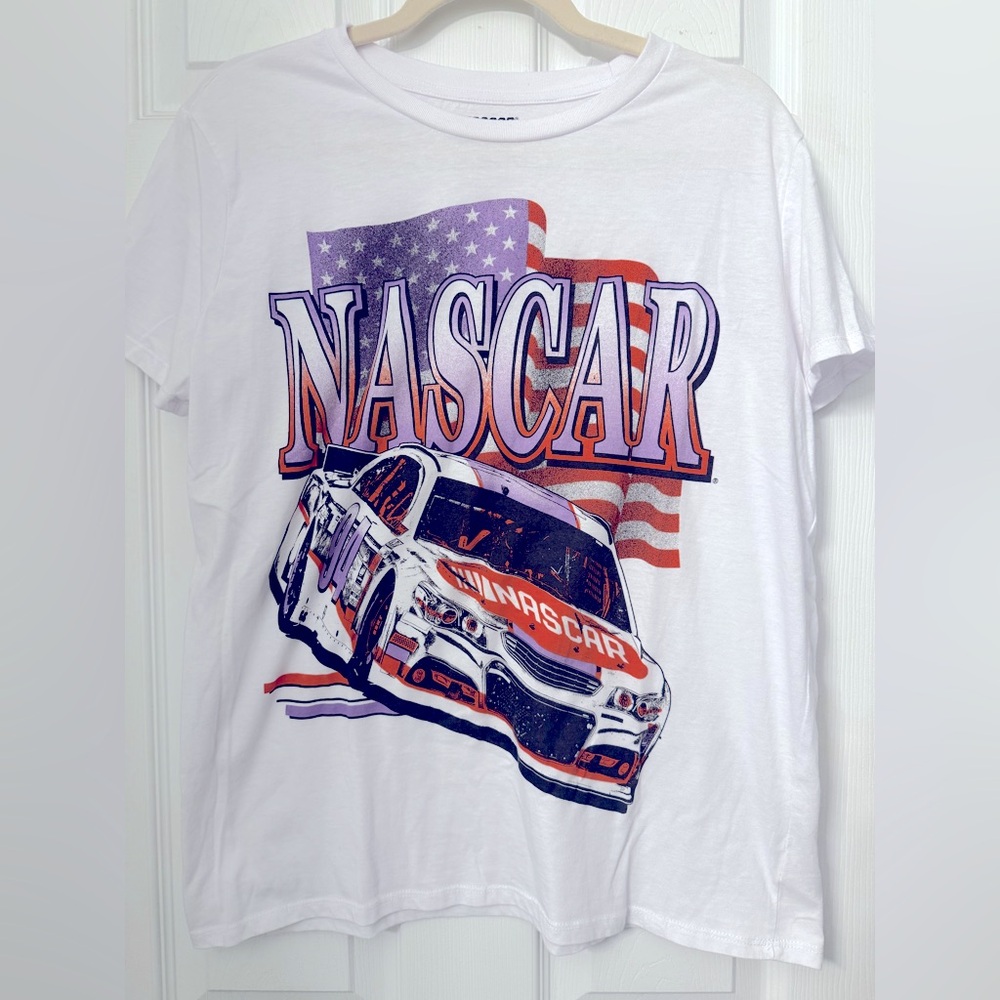 Nascar White Short Sleeve Tee with Red, Blue and Purple Graphic